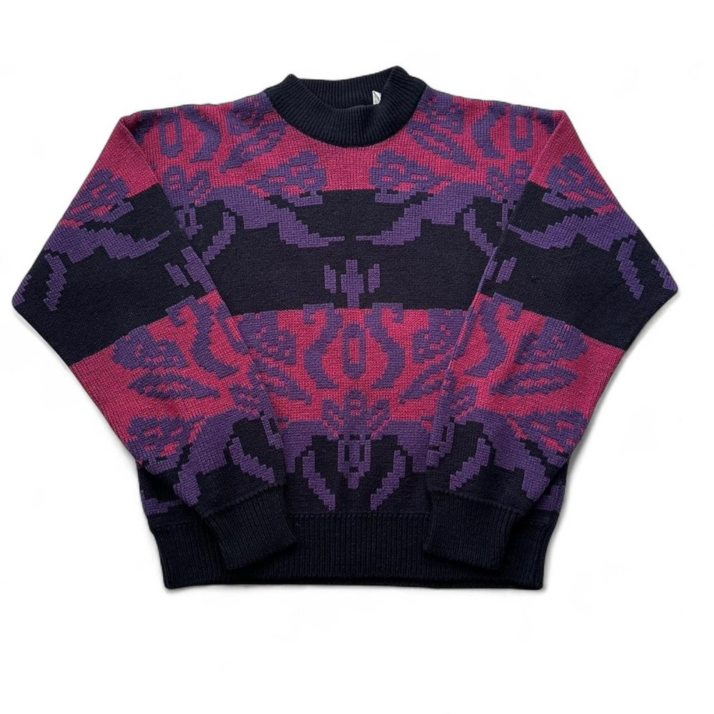 Vintage 1990s western Men's Crewneck Patterned Sweater Black, Purple & Magenta M